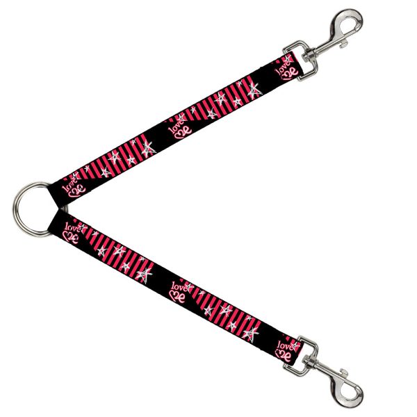 Dog Leash Splitter - Love Me w Sketch Stars & Stripes Black Fuchsia White Online now