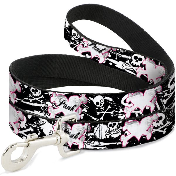 Dog Leash - Punk Heart & Cross Bones w Skulls & Splatter Black White Online Hot Sale
