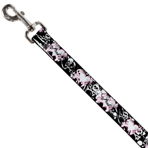 Dog Leash - Punk Heart & Cross Bones w Skulls & Splatter Black White Online Hot Sale - Image 2